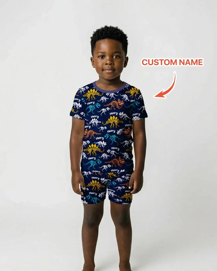 Dino Bones Parade Custom Name Bamboo Two Piece Short Sleeve Shorts Pajama Set
