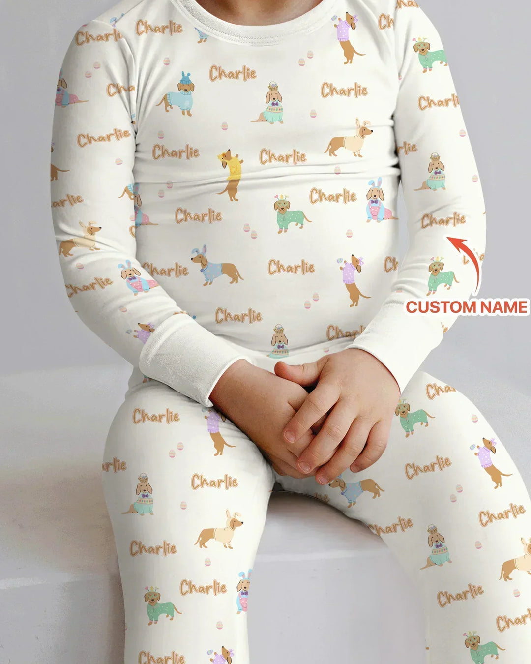 Custom Name Easter Dachshund Bamboo Two Piece Long Sleeve Pajama Set