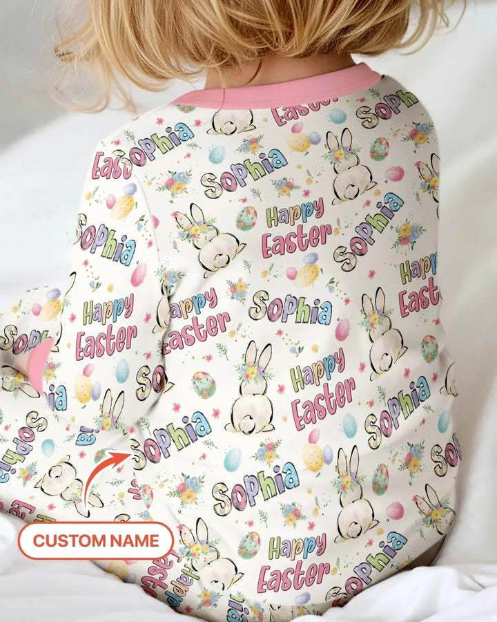Personalized Happy Easter Bunny Bamboo Two Piece Long Sleeve Pajama Set