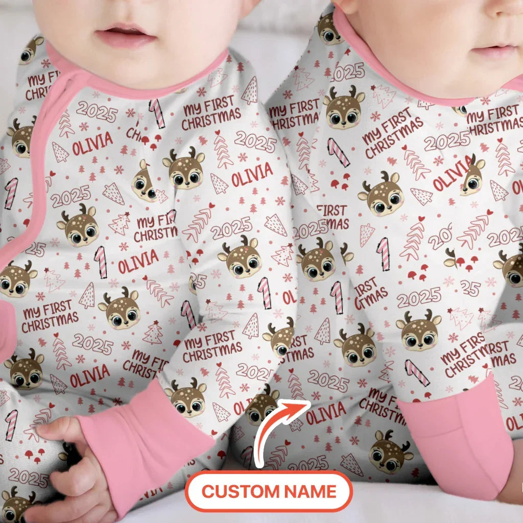 Custom Name Cute Reindeer My First Christmas Bamboo Convertible Zippy