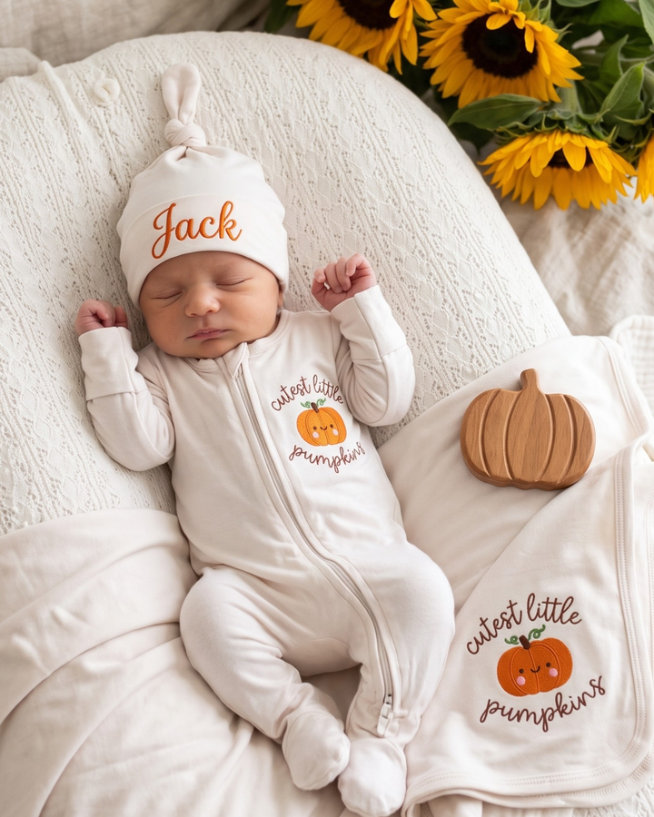 Personalized Cutest Little Pumpkin Embroidered Bamboo Welcome Home Bundle
