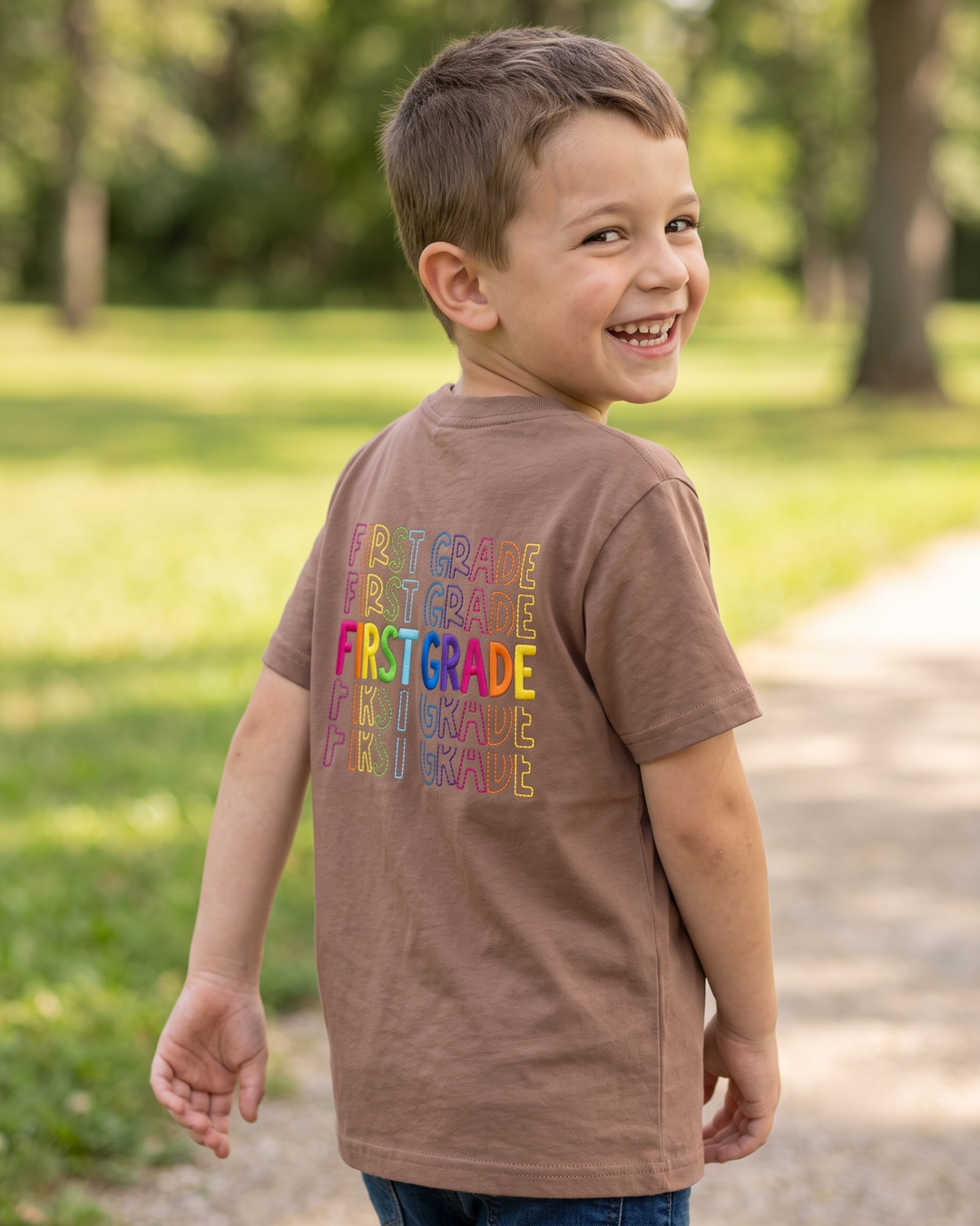 Custom Name First Grade Glow Embroidered Bamboo Crewneck T-Shirt
