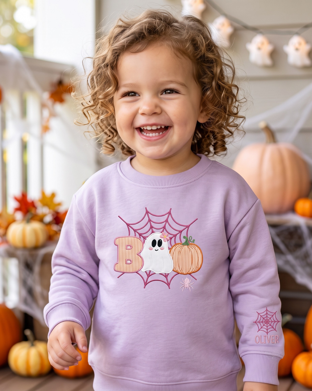 Boo Web Pumpkin Applique Embroidered Bamboo Crewneck Sweatshirt