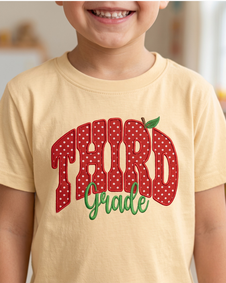 Custom Grade Apple Dot Applique Embroidered Bamboo Crewneck T-Shirt