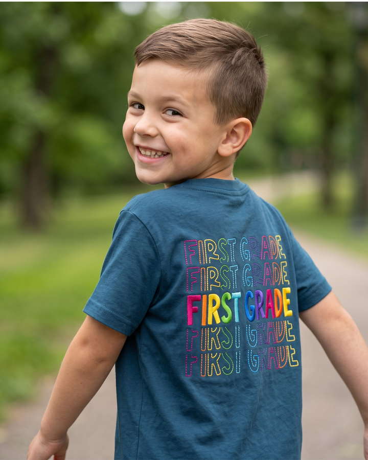 Custom Name First Grade Glow Embroidered Bamboo Crewneck T-Shirt