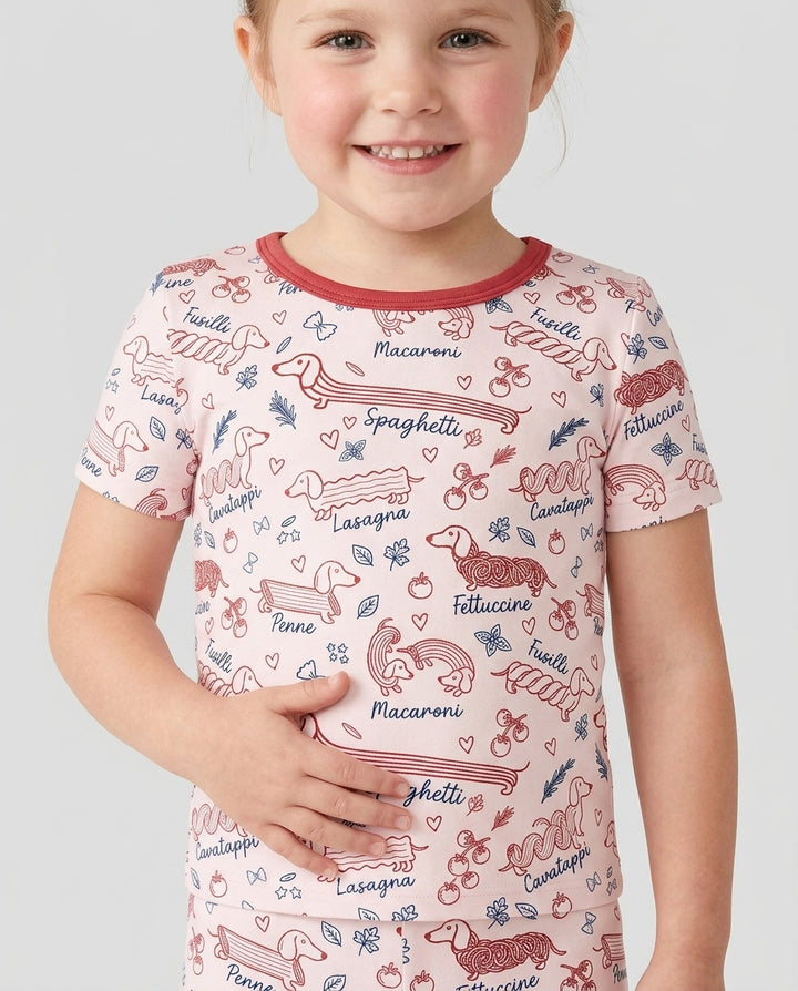 Funny Dachshund Pasta Pups Bamboo Two Piece Short Sleeve Shorts Pajama Set