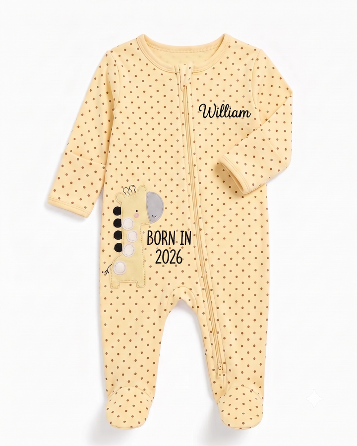 Little Giraffe Embroidered Bamboo Zipper Footie