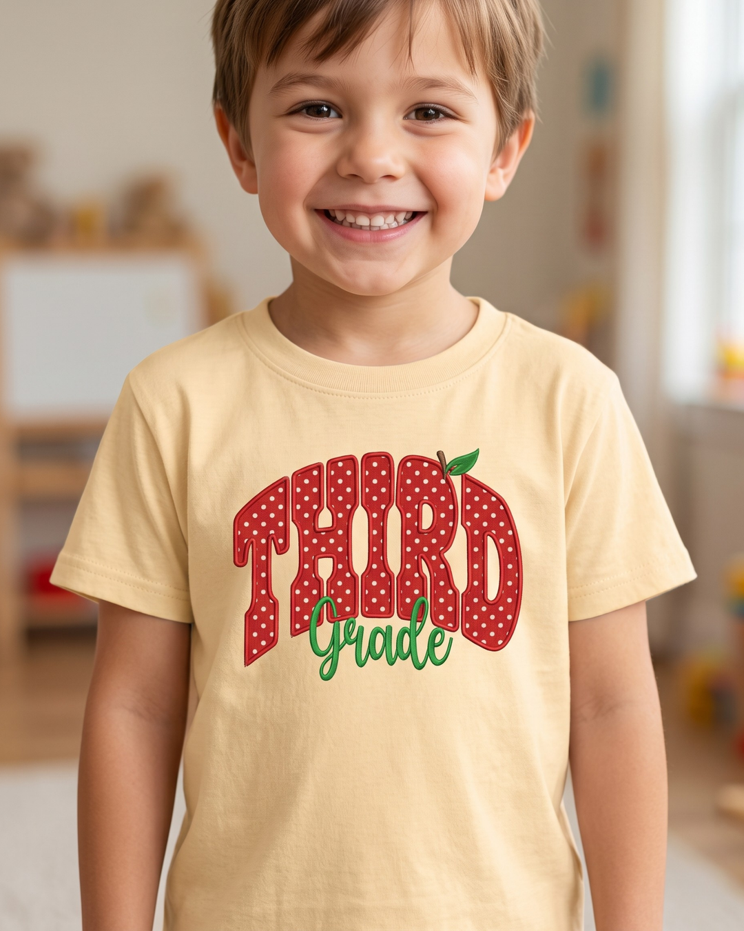Custom Grade Apple Dot Applique Embroidered Bamboo Crewneck T-Shirt