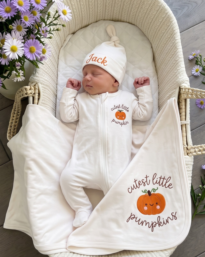 Personalized Cutest Little Pumpkin Embroidered Bamboo Welcome Home Bundle