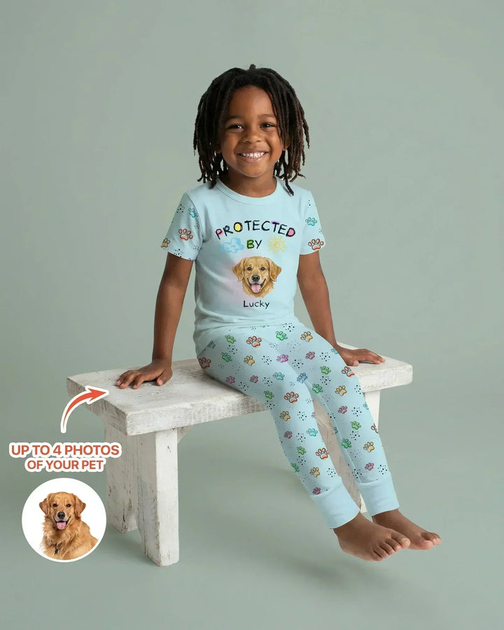 Custom Photo Crayon "Protected By" Bamboo Two Piece Short Sleeve Pajama Set