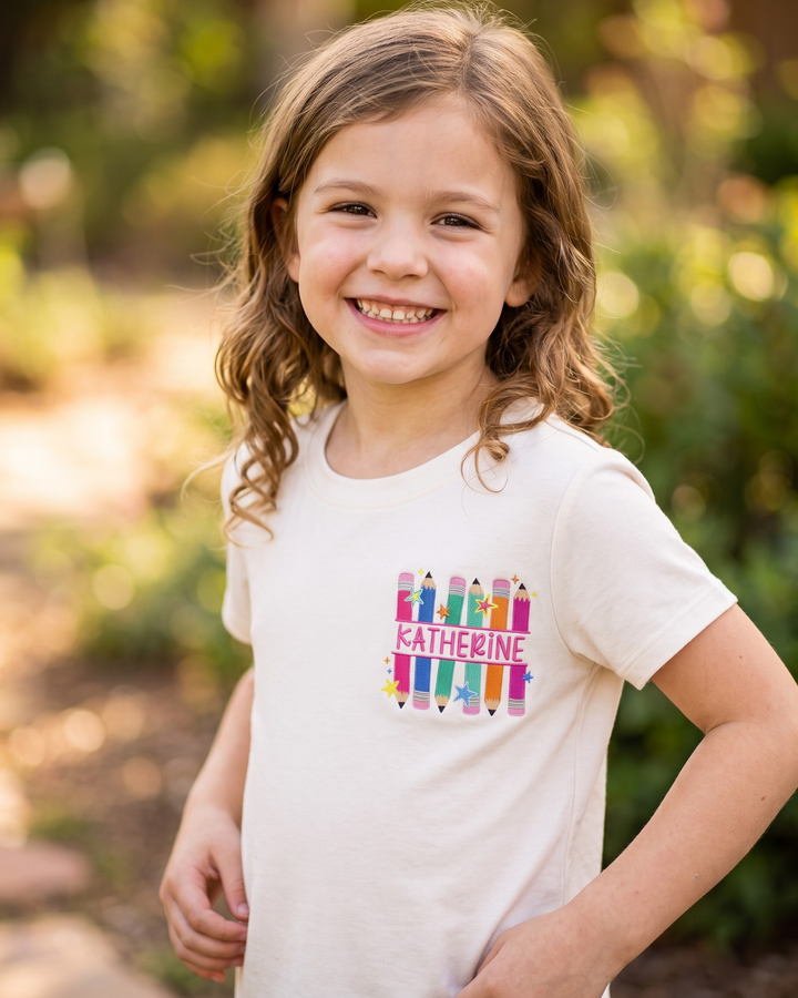 Custom Name Pencil Parade Embroidered Bamboo Crewneck T-Shirt