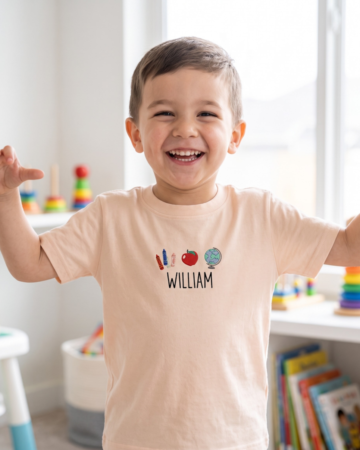 Custom Name Classroom Icons Embroidered Bamboo Crewneck T-Shirt