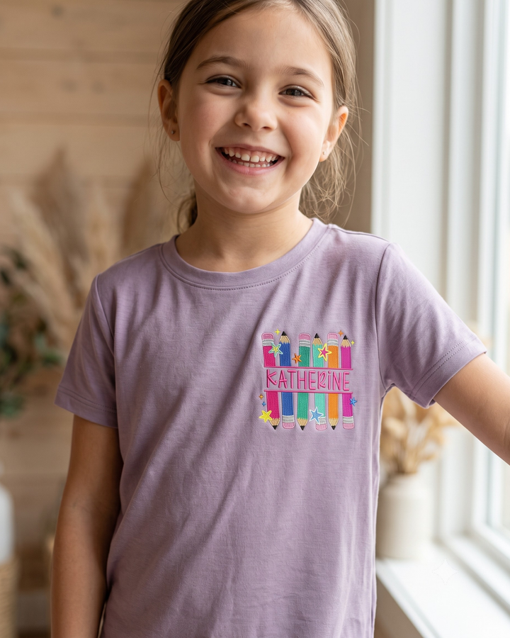 Custom Name Pencil Parade Embroidered Bamboo Crewneck T-Shirt