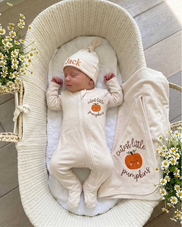 Personalized Cutest Little Pumpkin Embroidered Bamboo Welcome Home Bundle