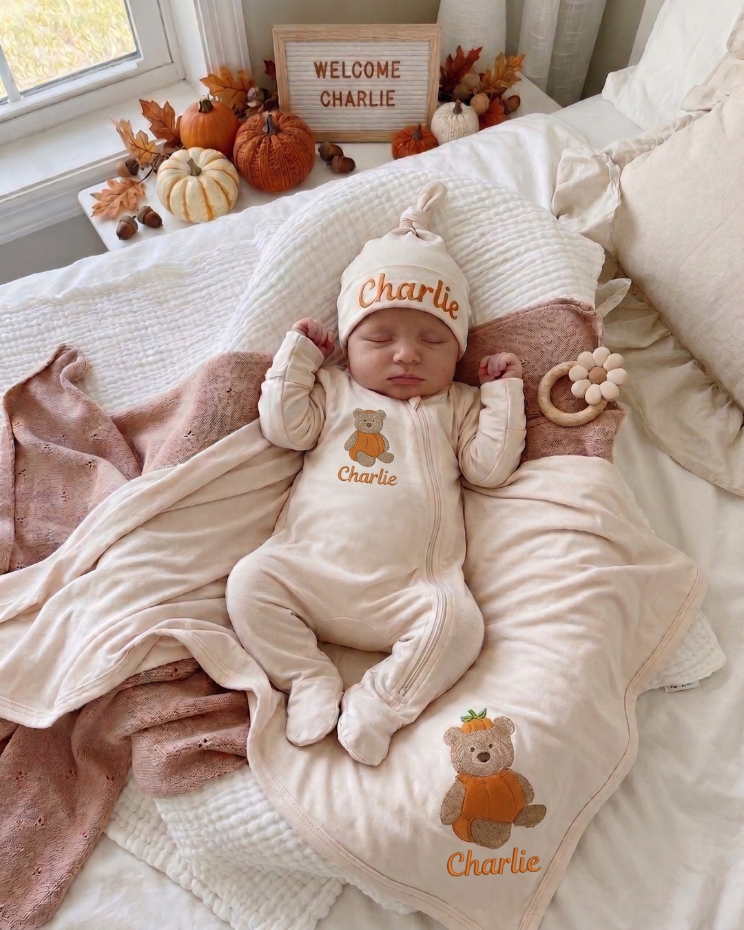 Personalized Pumpkin Teddy Embroidered Bamboo Zipper Footie