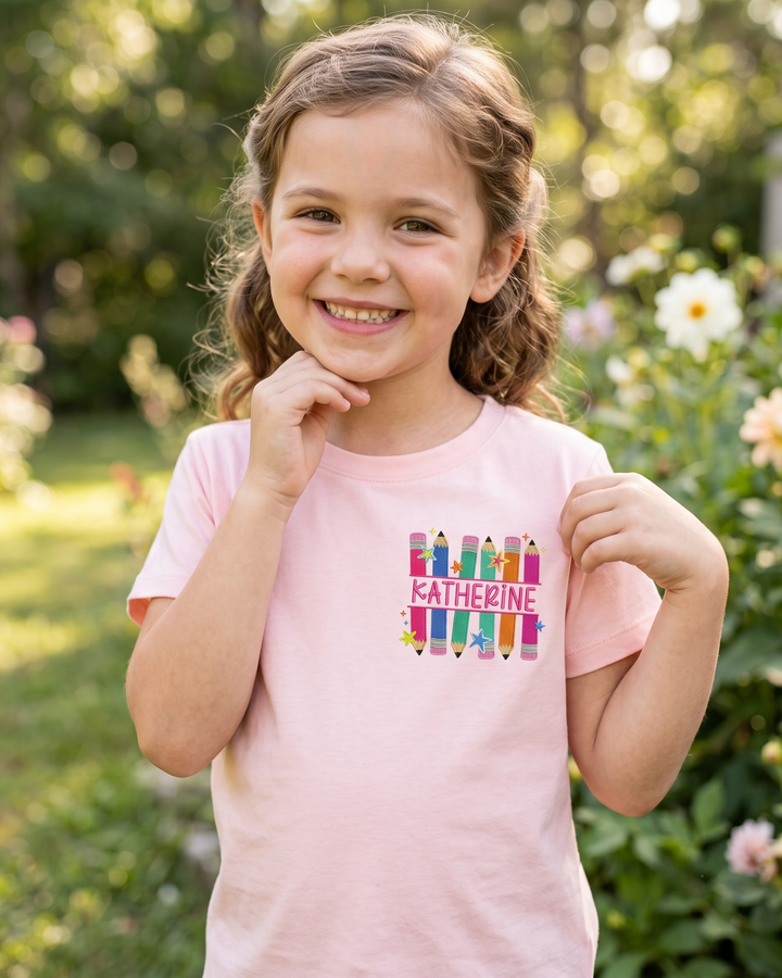 Custom Name Pencil Parade Embroidered Bamboo Crewneck T-Shirt