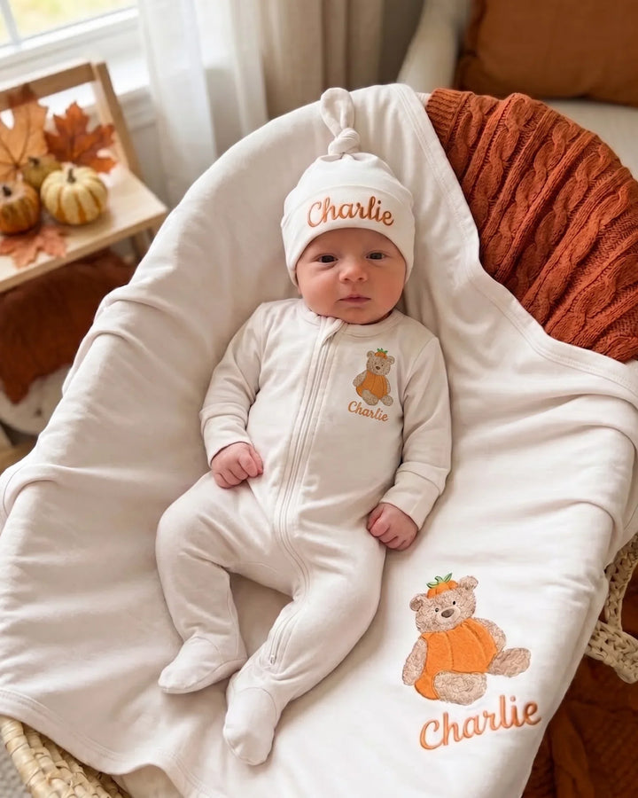 Personalized Pumpkin Teddy Embroidered Bamboo Blanket