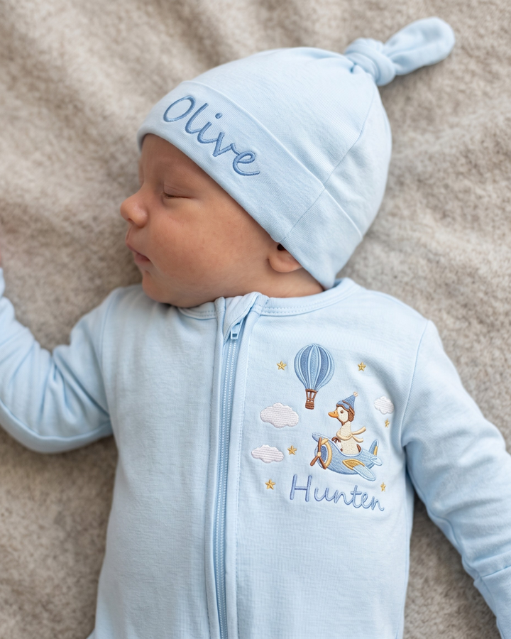 Custom Name Little Aviator Adventure Embroidered Bamboo Zipper Footie
