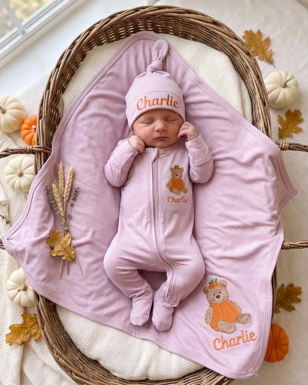 Personalized Pumpkin Teddy Embroidered Bamboo Blanket
