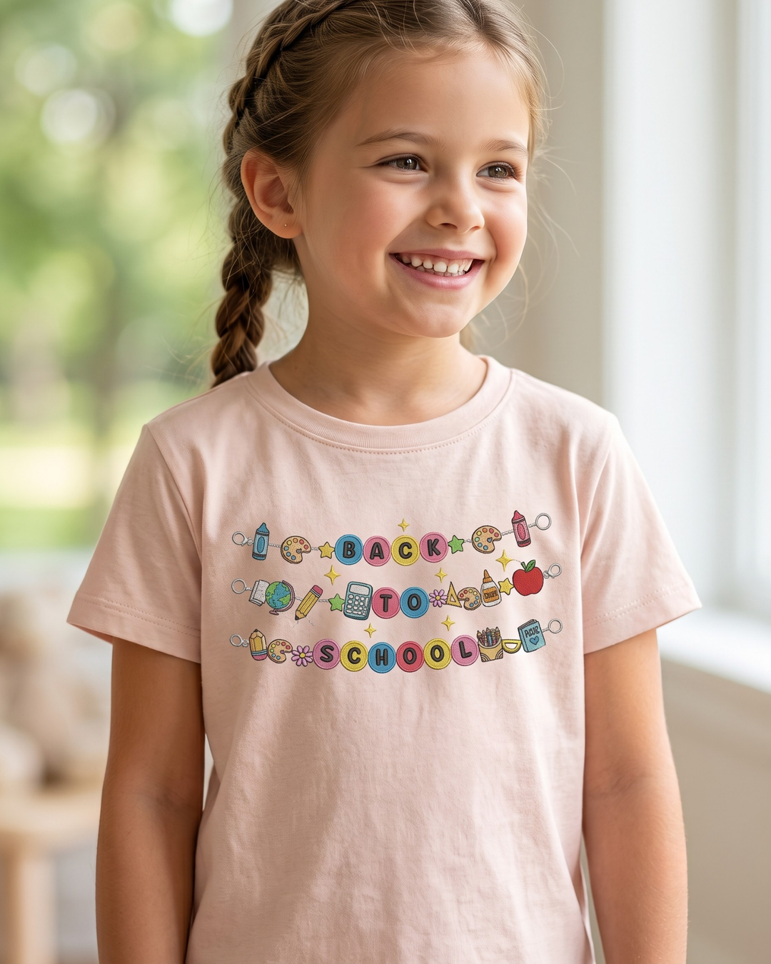 Back to School Icons Charm Embroidered Bamboo Crewneck T-Shirt