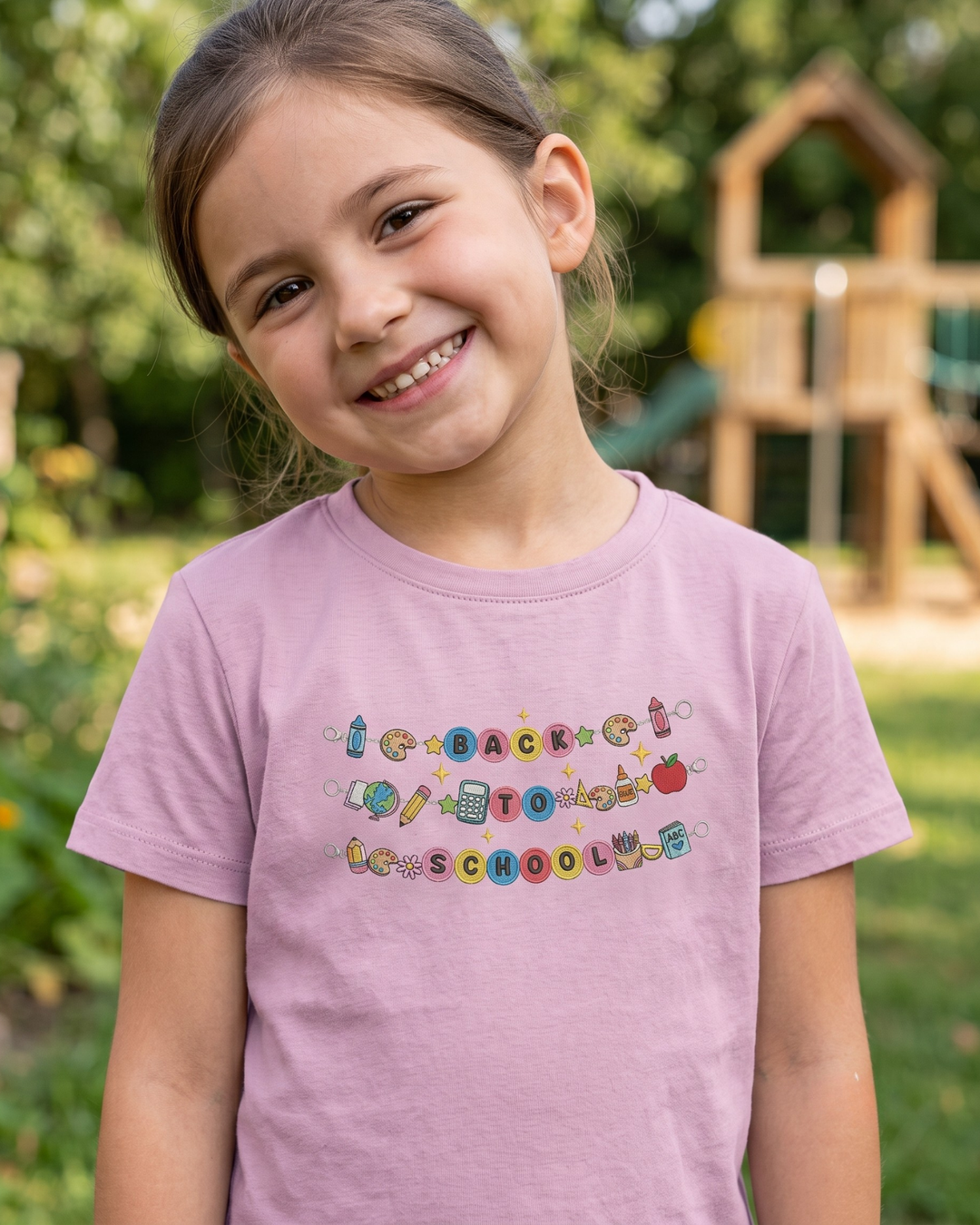 Back to School Icons Charm Embroidered Bamboo Crewneck T-Shirt