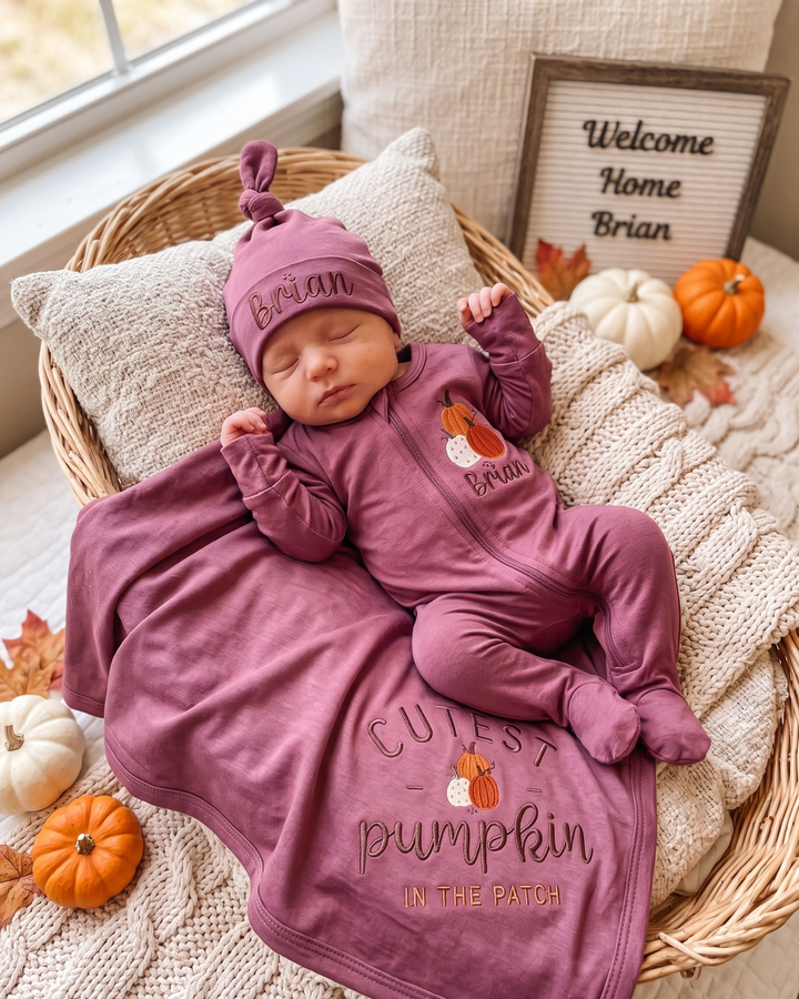 Personalized Pumpkin Patch Embroidered Bamboo Zipper Footie