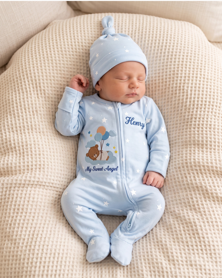 Sweet Angel Balloon Bear Embroidered Bamboo Zipper Footie