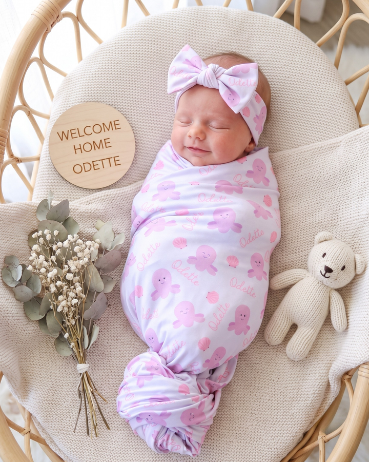 Happy Pink Octopus Bamboo Swaddle Blanket
