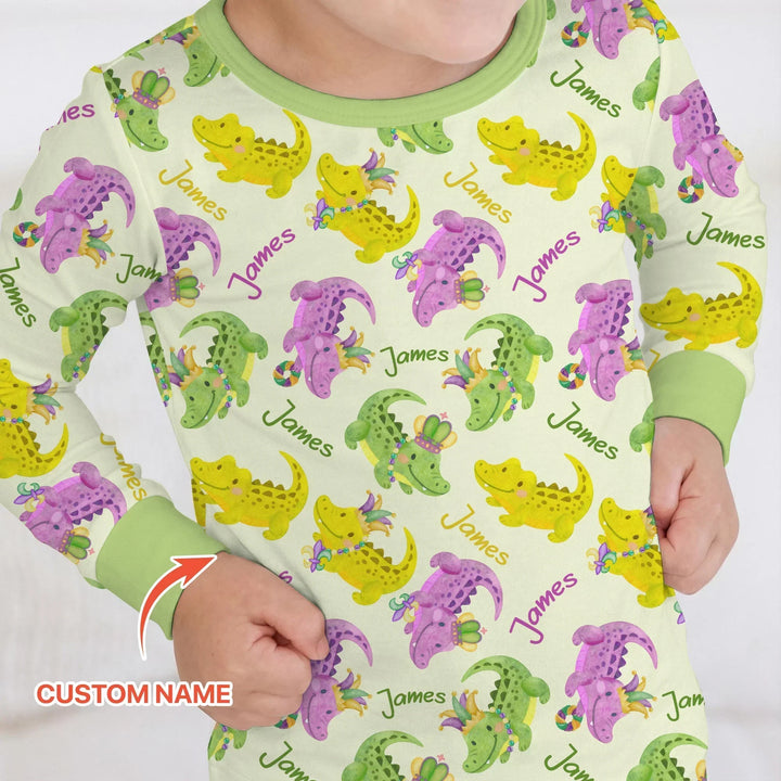 Custom Name Mardi Gras Alligator Bamboo Two Piece Long Sleeve Pajama Set