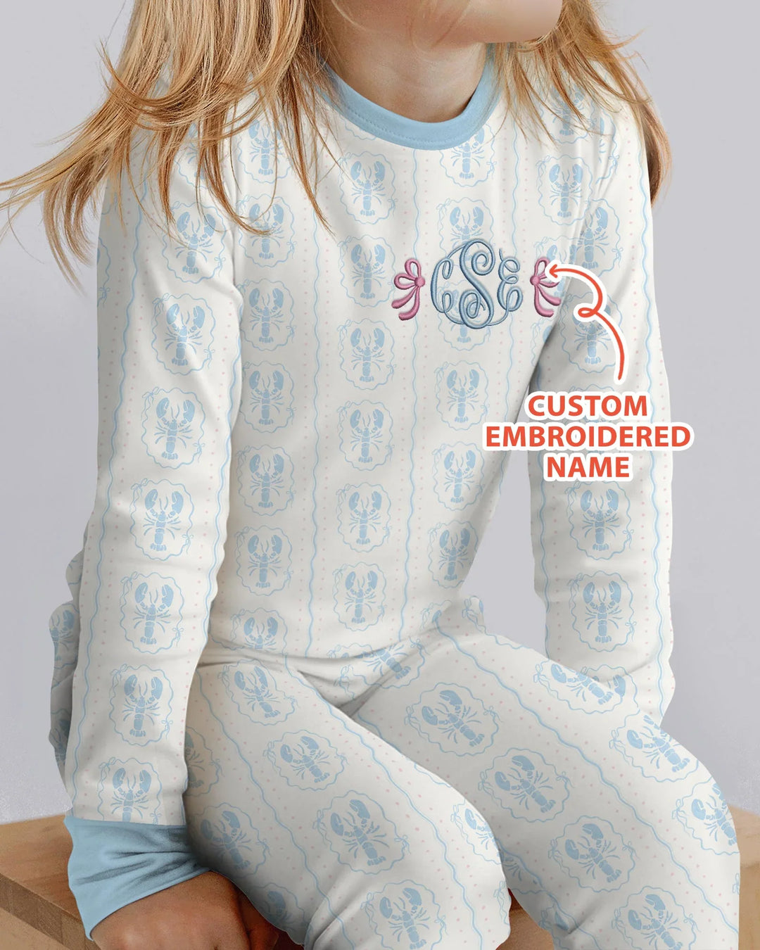 Custom Monogram Letter Embroidered Baby Bamboo Two Piece Long Sleeve Pajama Set