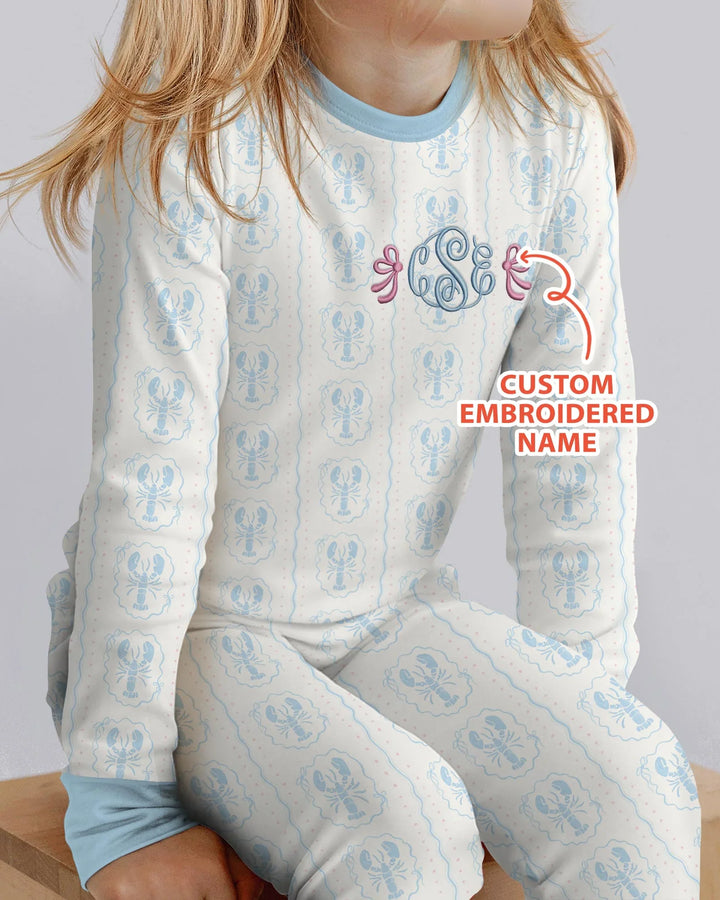 Custom Monogram Letter Embroidered Baby Bamboo Two Piece Long Sleeve Pajama Set