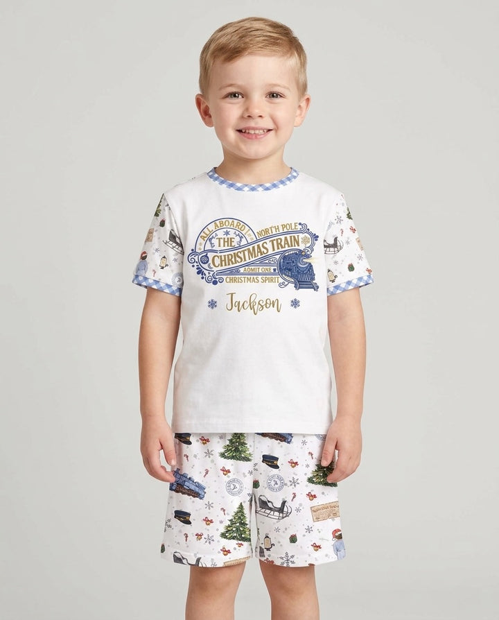 Custom Name North Pole Adventure Bamboo Two Piece Short Sleeve Shorts Pajama Set