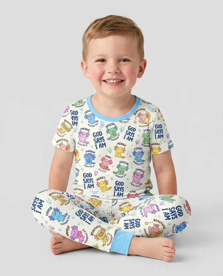 Axolotl God Says I Am Custom Name Bamboo Two Piece Short Sleeve Pajama Set