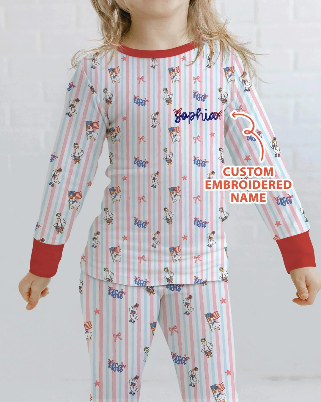 Personalized Cute Goose America 250 Embroidered Bamboo Two Piece Long Sleeve Pajama Set