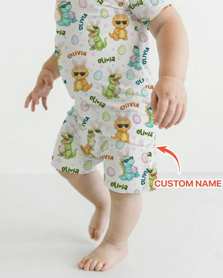 Custom Name Dinosaur on the Hunt Bamboo Two Piece Short Sleeve Shorts Pajama Set