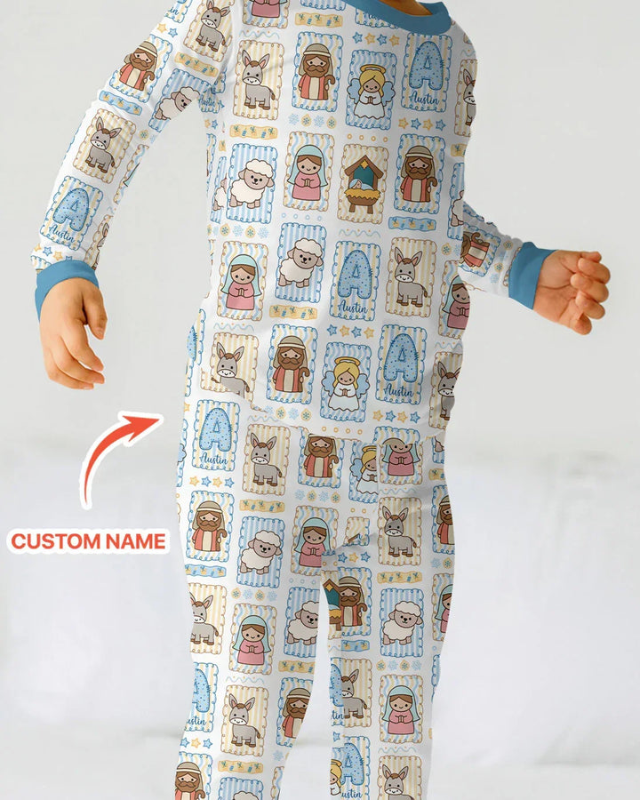 Custom Name Christmas Nativity Bamboo Two Piece Long Sleeve Pajama Set