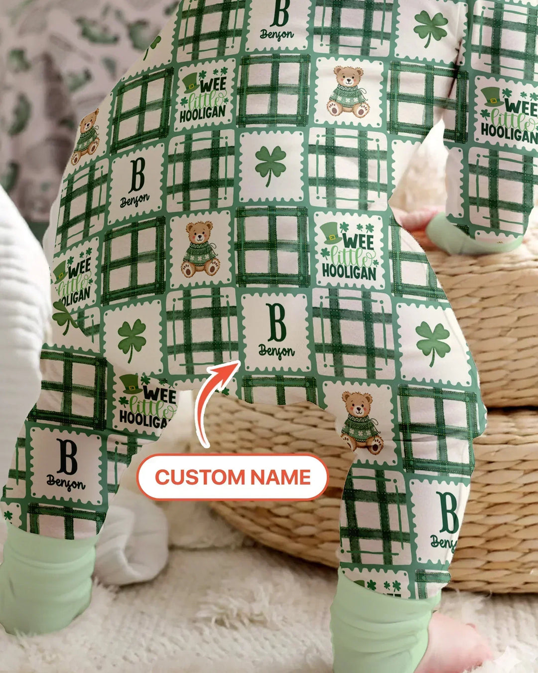 Custom Name Teddy Bear Gingham St. Patrick's Day Bamboo Convertible Zippy