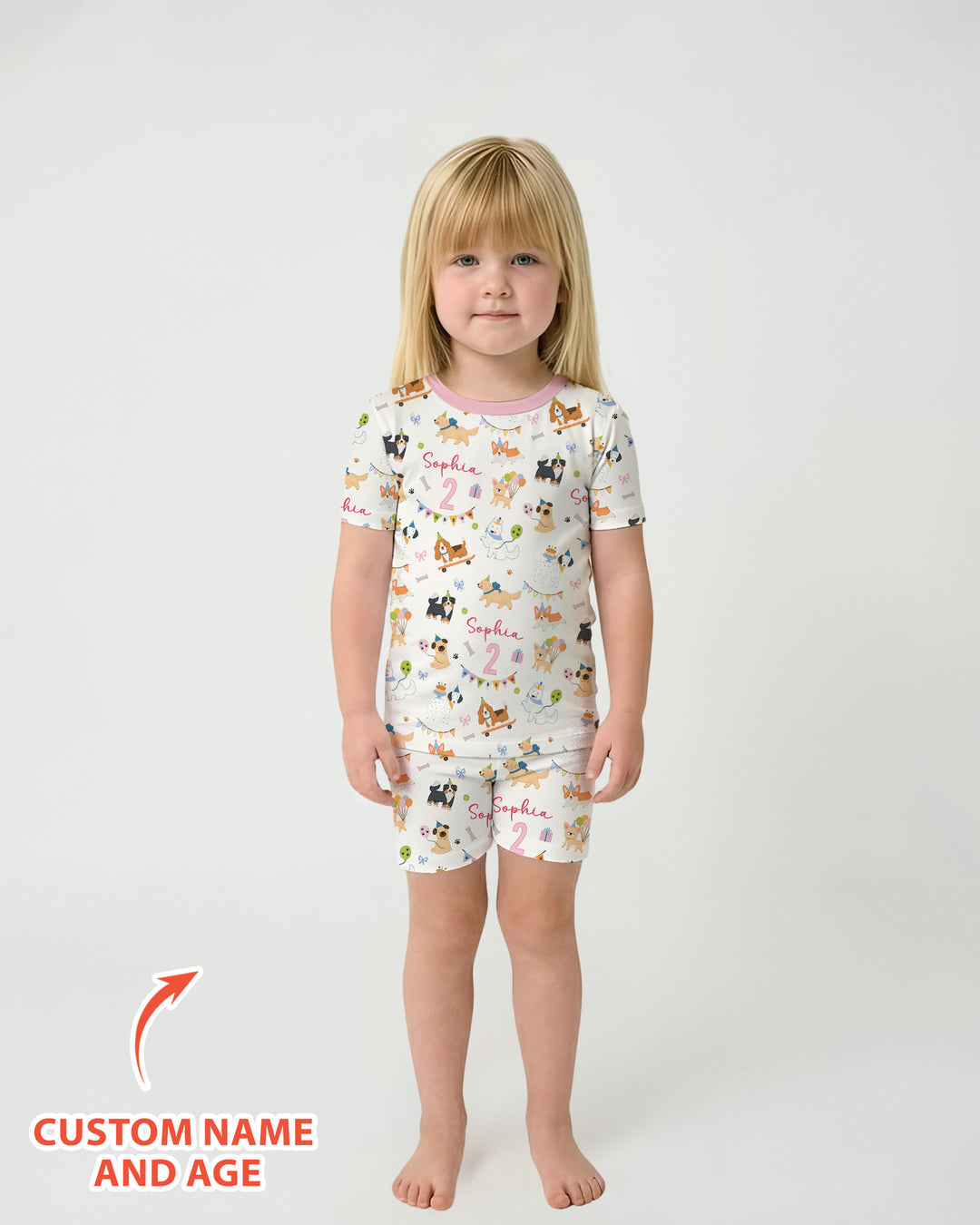 Custom Name Birthday Dogs Party Bamboo Two Piece Short Sleeve Shorts Pajama Set