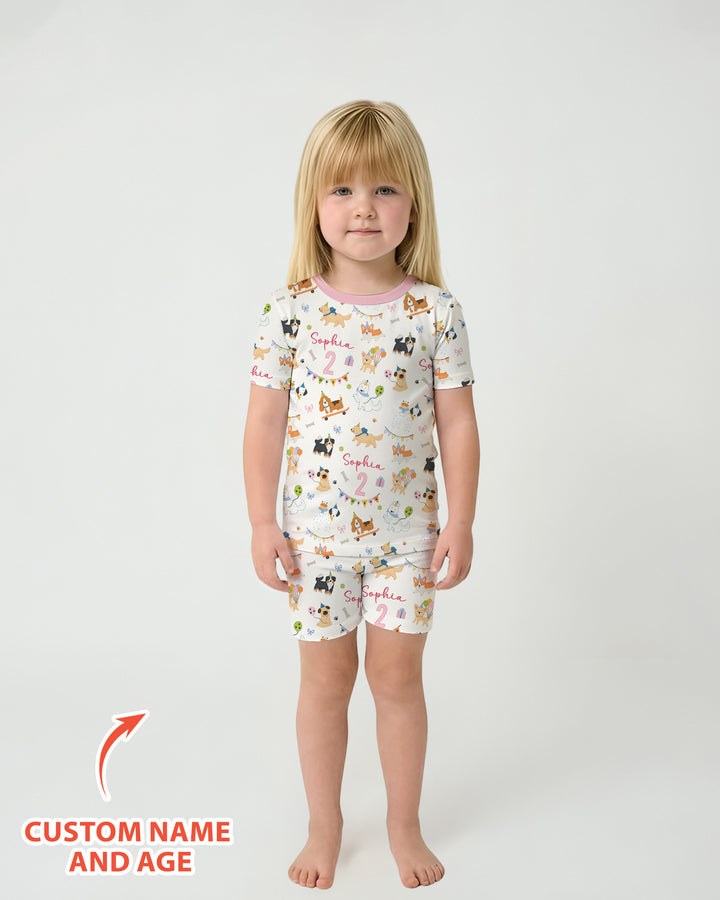Custom Name Birthday Dogs Party Bamboo Two Piece Short Sleeve Shorts Pajama Set