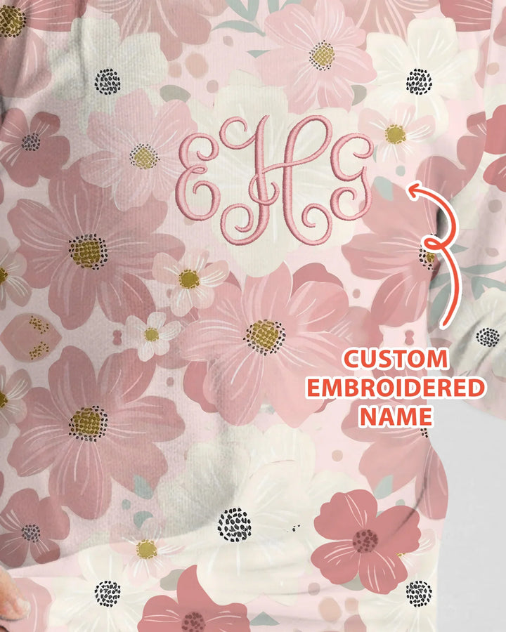 Custom Embroidered Name Floral Bamboo Two Piece Long Sleeve Pajama Set