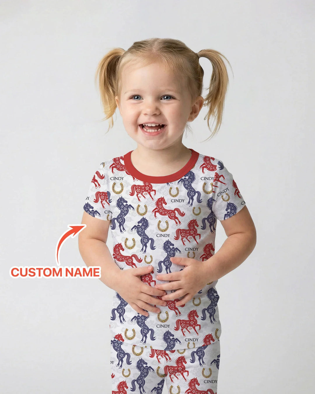 Custom Name Chinoiserie Horses Bamboo Two Piece Short Sleeve Pajama Set