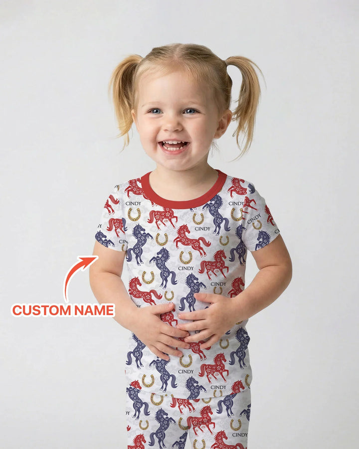 Custom Name Chinoiserie Horses Bamboo Two Piece Short Sleeve Pajama Set