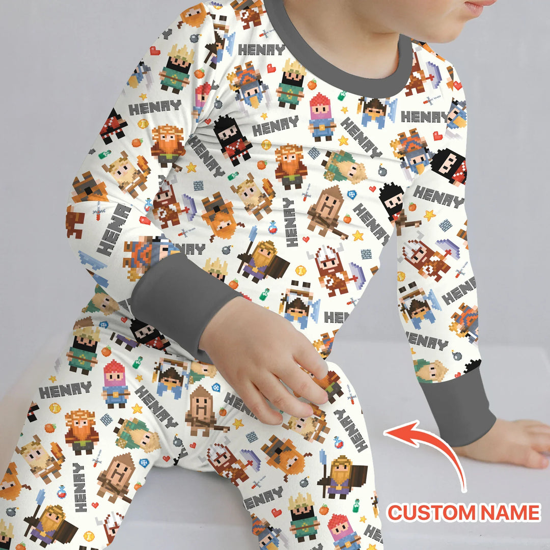 Blocky Buddy Squad Custom Name Bamboo Two Piece Long Sleeve Pajama Set