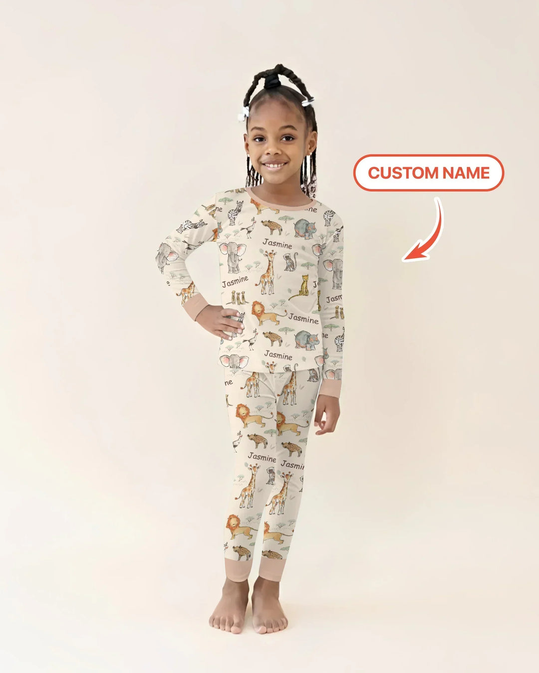 Safari Friends Custom Name Bamboo Two Piece Long Sleeve Pajama Set