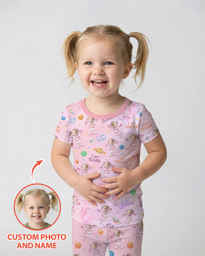 Custom Photo Kid Affirmations I Am Kind Astronaut Bamboo Two Piece Short Sleeve Shorts Pajama Set