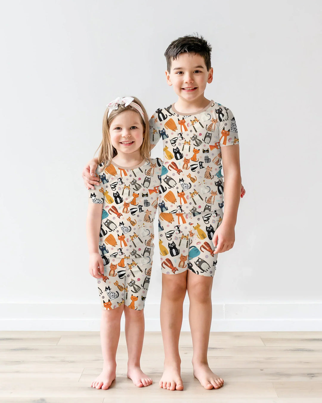 Goofy Mischief Cat Family Matching Bamboo Two Piece Short Sleeve Shorts Pajama Set