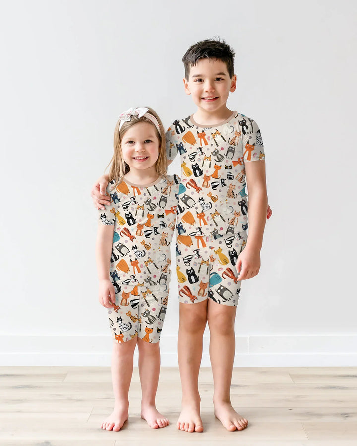 Goofy Mischief Cat Family Matching Bamboo Two Piece Short Sleeve Shorts Pajama Set