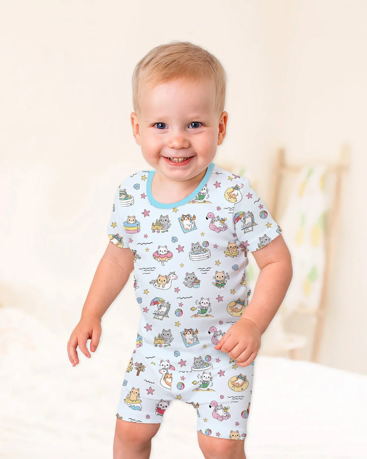 Kawaii Cats Summer Vacation Bamboo Two Piece Short Sleeve Shorts Pajama Set