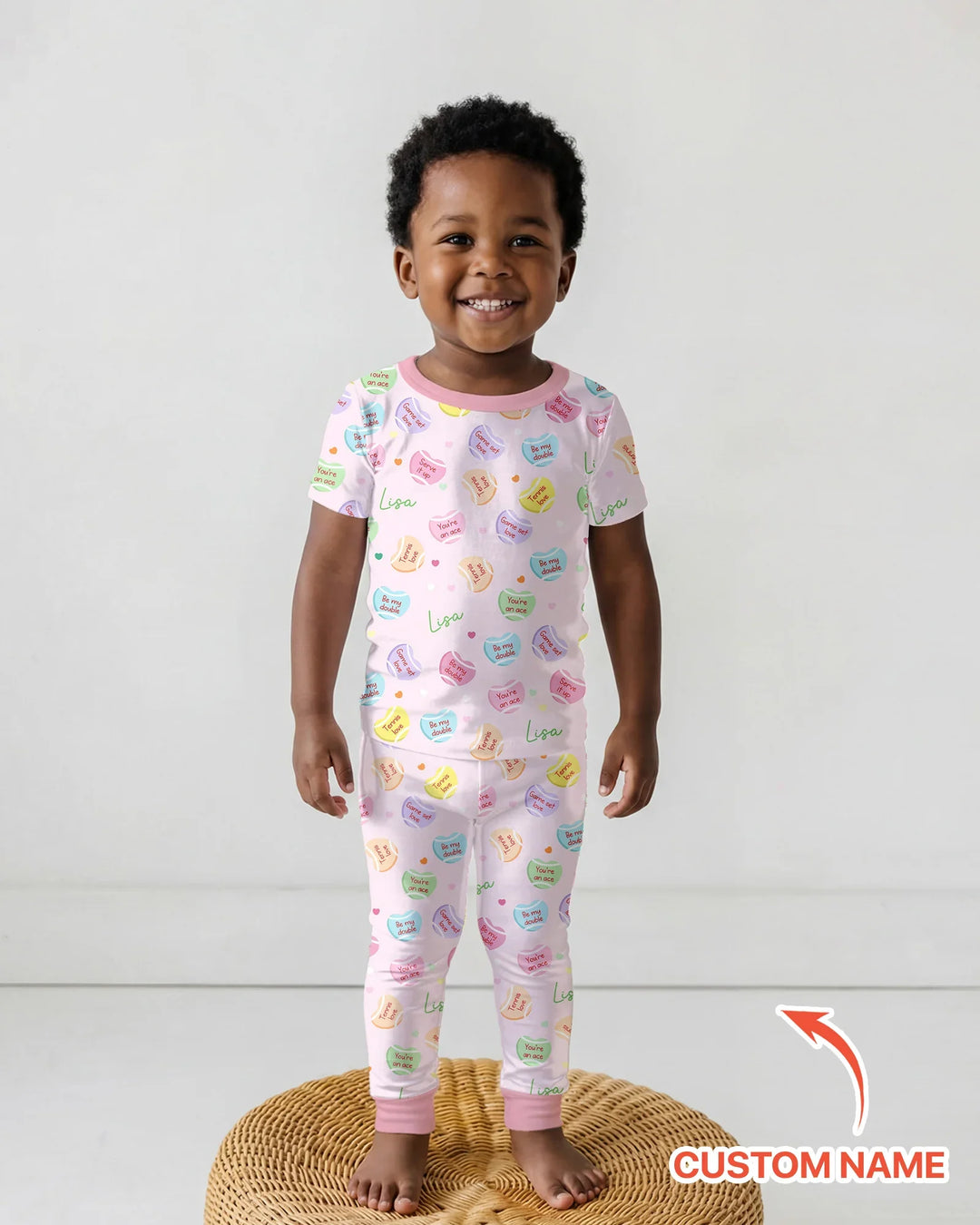 Custom Name Tennis Candy Hearts Bamboo Two Piece Short Sleeve Pajama Set