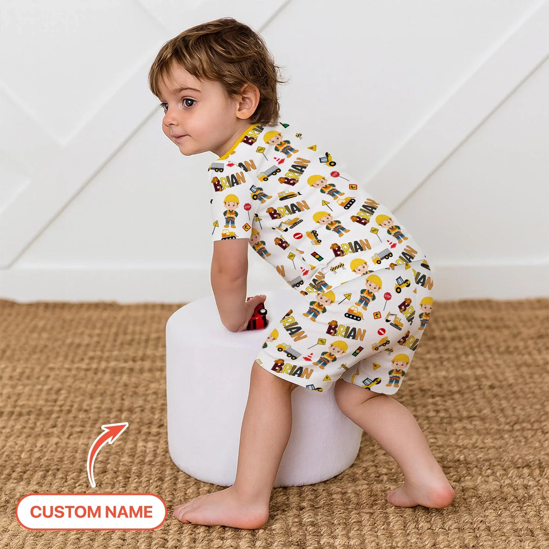 Custom Name Doodle Little Builder Bamboo Two Piece Short Sleeve Shorts Pajama Set